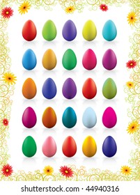 twenty-five colorful Easter eggs with beautiful floral frame