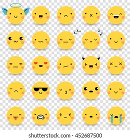 Twenty-five cute yellow flat emoticons set with various emotions isolated on transparent background vector illustrations