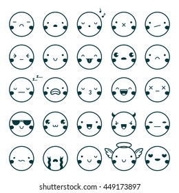 Twenty-five emoji emoticons black set showing different emotions isolated on white background flat vector illustration