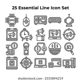 Twentyfive essential black line icons are neatly arranged.