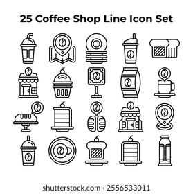 Twentyfive line drawings depict coffee shop items and locations.