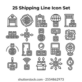 Twentyfive line drawings depict global shipping processes.