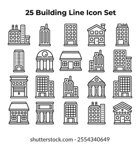 Twentyfive line drawings depict various building types.