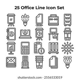 Twentyfive line drawings depict various office supplies and equipment.