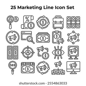 Twentyfive marketing line icons depict finance promotion and SEO.