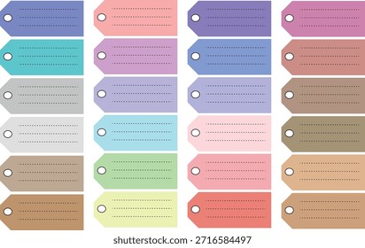 Vinte e quatro etiquetas ou brindes em branco de cores brilhantes em uma grade, apresentando uma variedade de tons pastel, linhas pontilhadas para escrita e um buraco perfurado.