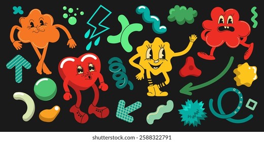 Twenty-four colorful objects in groovy style. Cartoon characters, shapes and more. Vector set