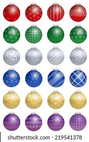 Twenty-four colorful shiny christmas tree balls  - a kind of an advent calendar - with different ornaments. Isolated vector illustration over white background.
