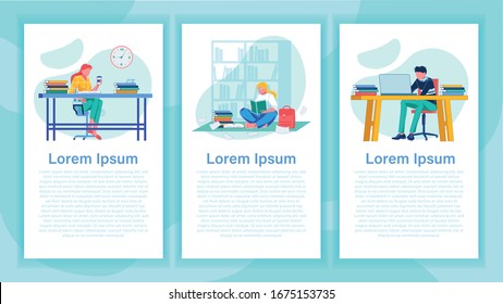 Twenty-Four Hour Studying. Persistent Learner with Coffee to Cheer Up, Sitting by Desk Full Book. Student Reading Sitting on Floor. Boy with Laptop, Surfing Internet. Three Banner Set with Copy Space.