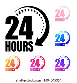 Twenty-four hours are open or open around the clock. Colored icons. A 24-hour icon to complete an order or delivery. Vector illustration of the time. For website UI use 24 Hours Flat Vector Icon Sign.