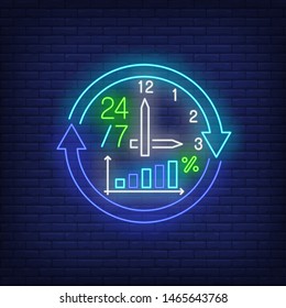 Twenty-four seven neon sign. Clock, watch, cycle, arrow, graph, percentage. Time concept. Vector illustration in neon style, glowing element for banners, posters, flyers