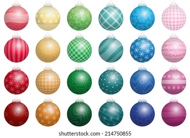 Twenty-four shiny Christmas tree balls with various ornaments - a kind of an advent calendar. Isolated vector illustration on white background.