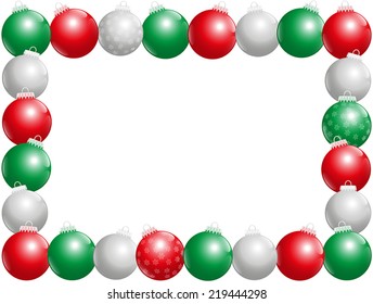 Twenty-four shiny christmas tree balls, some with snow flake ornament, that form a frame - horizontal landscape format. Isolated vector illustration on white background.