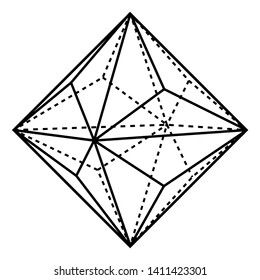 Una forma geométrica de 24 lados llamada Triakisoctaedro. Se puede ver como un octaedro con pirámides triangulares añadidas a cada cara, dibujo de línea vintage o ilustración de grabado.
