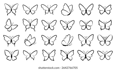 Twenty-four simplistic black-and-white butterfly silhouettes, line art, varied wing spans and patterns
