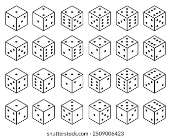 Veinticuatro variantes de cubos de juego blanco aislados sobre fondo blanco. Todos los posibles giros auténticos iconos de colección. Concepto de juego.