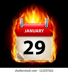 Twenty-ninth January in Calendar. Burning Icon on black background