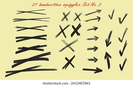 Twenty-seven handwritten squiggles. Various strikethroughs, crosses, arrows, V-shaped marks. Vector set No. 2