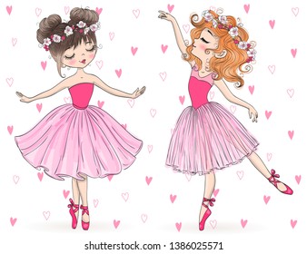 Twho hand drawn beautiful, lovely, little ballerinas girls with flowers on her heads. Vector illustration.