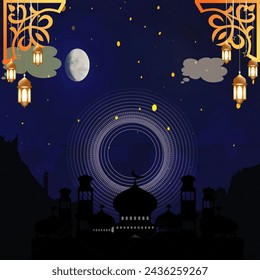 Twibbon Grüße für Ramadan und Eid. Nachthintergrund, Sterne, Halbmond, islamisches Ornament. Digitaler Rahmen, Poster, Grußkarte, Einladung, Hintergrund