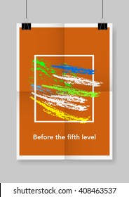 Twice a folded orange poster with clamps. Vector illustration.