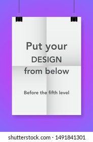 Twice a folded poster with clamps. Vector illustration.