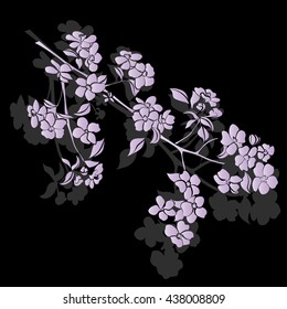 twig apple-tree blossoms. Vector illustration. Silhouette. Shades of grey