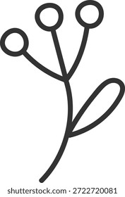 Zweig mit drei runden Knospen und einem einzelnen Blatt in sauberem Monoline gezeichnet. Symbol für Wachstum, Natur und Erneuerung für Öko-Branding und Wellness-Themen. Cartoon, Vektorgrafik.