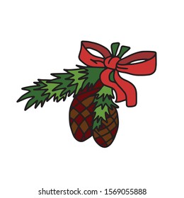 A twig of a Christmas tree and two cones tied with a red ribbon with a bow.Christmas holiday 
