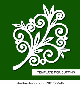 Twig with curls and leaves. Theme of plants. Template for laser cut, wood carving, paper cutting and printing. Vector illustration.