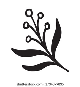 Twig in doodle style. For greeting cards, logo. Hand drawn vector illustration in black ink. Isolated outline.