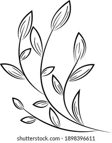 twig drawn with black line, vector isolated object, spring leaves on twig