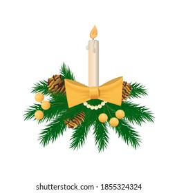 Сoniferous twig with fire candle and chaplet. Christmas branch with gold berries and pine cones. Winter festive decoration isolated on white vector