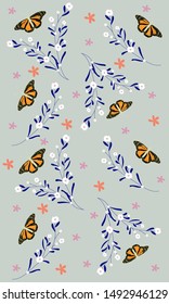 twig flower blossoms. vector illustration. seamless pattern. meadow with butterflies soft and gentle seamless pattern on vector design for fashion, fabric, wallpaper and all prints