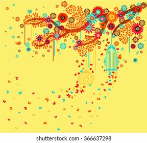twig with flowers, decorated with bird cage, a beautiful butterfly