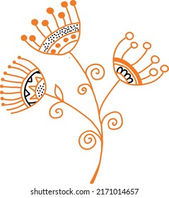 A twig with flowers and leaves in an ethno-style. Vector file for designs.