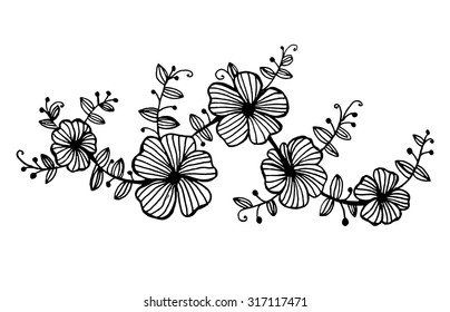 twig garlands of flowers with leaves pattern graphic doodle vector illustration