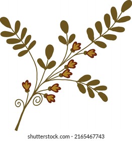 A twig with green leaves and small flowers. The vector file is useful for designs.