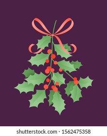 Twig holly with a bow from a ribbon. Christmas and New Year postcard. Flat vector illustration.