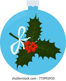 Twig of Holly with leaves and berries in blue christmas-tree ball