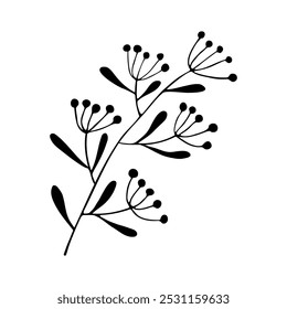 Twig with leaf and berry, silhouette branch hand drawn, doodle element design on white background. Vector illustration