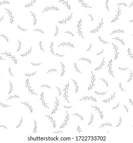 Twig with leaves on white background. Monochrome seamless vector background.