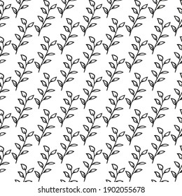Twig with leaves on white background. Monochrome vector background. Vector illustration for fabrics, greeting cards, wallpapers, gift wrapping paper, web page etc.