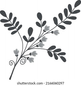 A twig with leaves and small flowers in black and white. Vector file for creating designs.