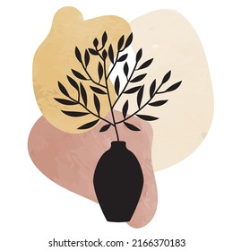 Twig with leaves in a vase on the background of abstract geometric shapes. Exotic tropical composition on a beige background. Print.