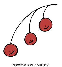 rama de ceniza de montaña con bayas rojas, elemento de estilo de doodle vectorial, contorno negro