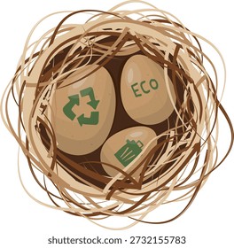 ninho de galho com três ovos de Páscoa sustentáveis em fundo transparente. Perfeito para gráficos de férias ecológicas, convites e designs verdes. Eco Páscoa. Sustentabilidade corporativa. Ilustração vetorial