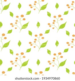 A twig with orange berries and leaves. Vector illustration of a natural pattern, textured. Cute seamless pattern for fabric design, cover, surface.