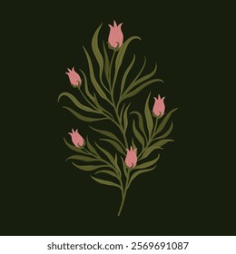 twig with pink flowers and graceful leaves. a delicate square poster with a plant.