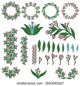 Perücke mit rosafarbenen Blumen. Geeignet für Design mit Kränzen, vertikalen Elementen, Bouquets, Blättern, Blumen. Vektorgrafik einzeln auf weißem Hintergrund.